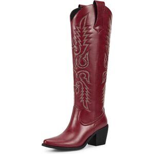 ⚡Womens Red Faux Leather Cowboy Side Zipper Knee High  Chunky Heel Boots